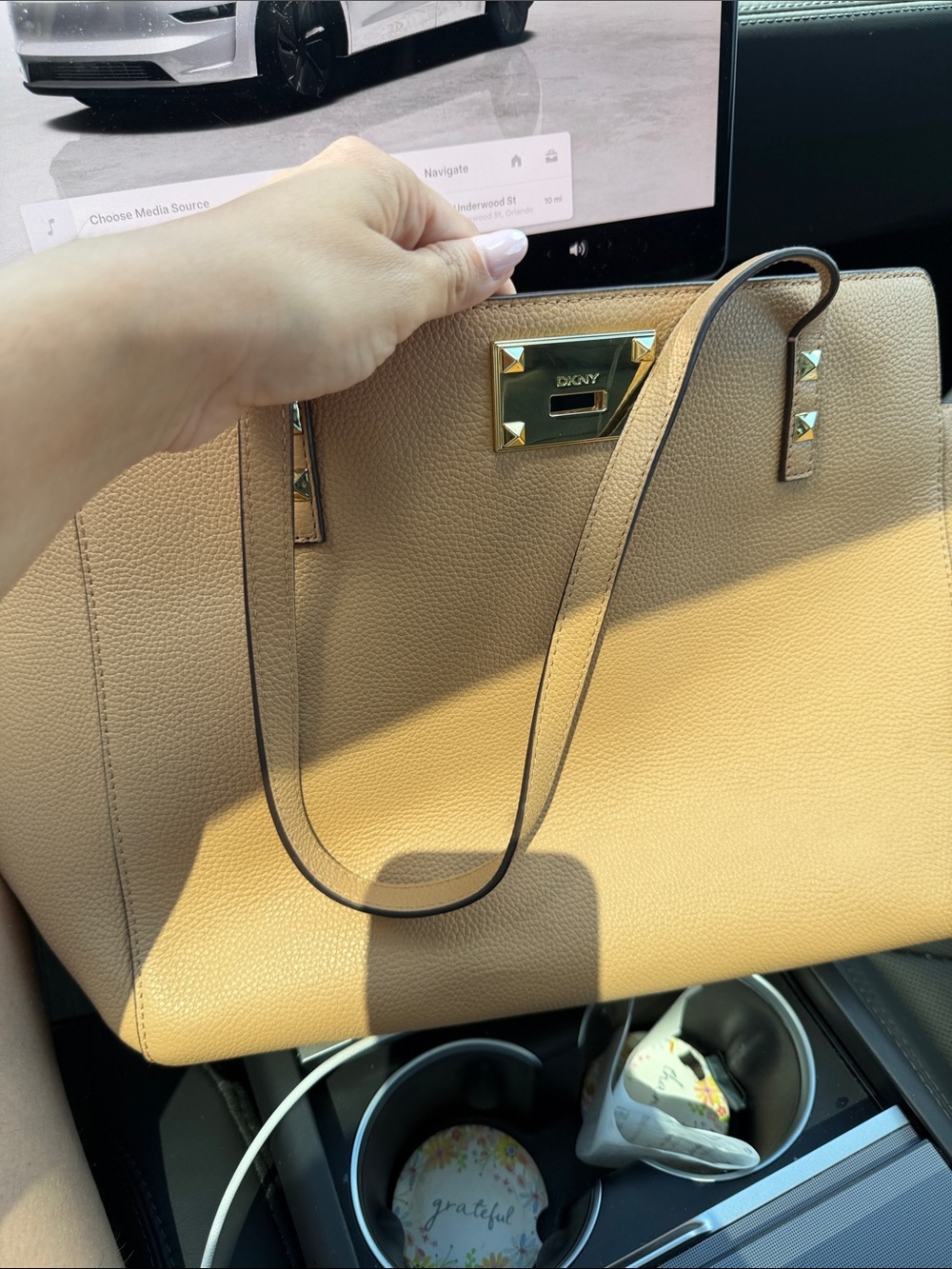 DKNY Tan Leather Tote with Gold Hardware
